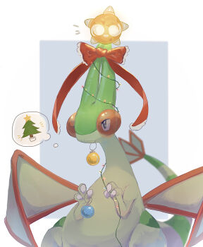 animal_focus bad_id bad_pixiv_id black_eyes blue_background blurry blush border bow bright_pupils butter_(oshi8kyoumoh) christmas_lights christmas_ornaments christmas_tree claws closed_mouth depth_of_field dragon fang flygon gen_3_pokemon gen_7_pokemon hands_up horn_bow horn_ornament horn_ribbon horns light_blush looking_up minior minior_(core) minior_(orange_core) mouth_hold nintendo no_humans outside_border pokemon pokemon_(creature) red_bow red_ribbon ribbon simple_background skin_fang speech_bubble spoken_object standing thought_bubble white_border white_pupils yellow_eyes