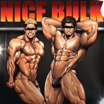 2boys abs arms_behind_head ass bara bikini_briefs blonde_hair blue_male_underwear bodybuilder bulge facial_hair feet_out_of_frame flexing goatee grin large_pectorals looking_at_viewer male_focus male_underwear mature_male multicolored_hair multiple_boys muscular muscular_male navel nipples original paid_reward_available pectorals penis penis_peek shaved_body shiny_skin short_hair shunta_(syunta_87) side_chest_pose sideburns smile stomach thick_thighs thighs topless_male two-tone_hair underwear veins veiny_arms veiny_crotch veiny_thighs
