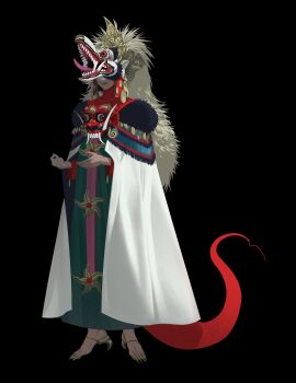 1girl absurdres black_background cloak dragon_girl dress full_body fur-trimmed_cloak fur_trim green_dress highres jewelry mask mayagain multiple_rings original ring sharp_toenails solo tail teeth toenails tongue turtleneck white_cloak