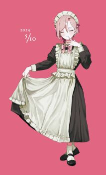 1girl apron black_dress black_shoes bow closed_eyes closed_mouth commentary curtsey dated dress full_body hair_between_eyes hand_up highres long_sleeves maid maid_apron maid_headdress nojinoji12 original pink_background pink_bow pink_hair shoes simple_background socks solo symbol-only_commentary white_socks