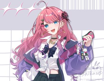 1girl ahoge barbell_piercing black_choker black_skirt blue_nails blush braid button_gap cellphone choker commentary_request dress_shirt ear_piercing earrings heart heart_ahoge highres holding holding_phone industrial_piercing jacket jewelry kashikaze kuramochi_meruto kuramochi_meruto_(school_uniform) long_hair necklace nijisanji open_mouth phone piercing pink_hair pleated_skirt purple_jacket purple_streaks rene_(kuramochi_meruto) school_uniform shirt signature skirt smartphone solo teeth tied_shirt upper_teeth_only virtual_youtuber white_shirt