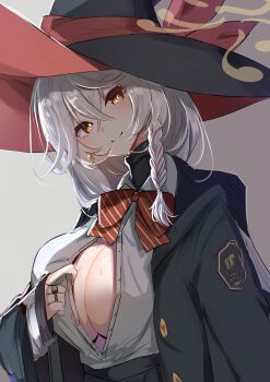 1girl absurdres black_hat black_jacket blue_archive bow bowtie braid breasts cleavage closed_mouth collared_shirt commentary_request diagonal-striped_bow diagonal-striped_bowtie diagonal-striped_clothes eri_(blue_archive) grey_background grey_hair hand_up hat hat_ribbon head_tilt highres jacket large_breasts long_hair looking_at_viewer open_clothes open_jacket orange_eyes paizuri_invitation red_bow red_bowtie red_ribbon ribbon shirt side_braid smile solo spread_cleavage striped_bow striped_bowtie striped_clothes sweat teik0p upper_body white_shirt witch_hat