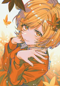 Rule 34 | 1girl, aki shizuha, autumn leaves, blonde hair, closed mouth, falling leaves, hair ornament, highres, leaf, leaf hair ornament, long sleeves, looking at viewer, noriuma, orange shirt, orange skirt, shirt, short hair, skirt, smile, solo, touhou, twitter username, yellow eyes