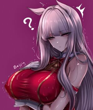 1girl ? ^^^ alternate_hairstyle animal_ears artist_name blunt_bangs breasts commentary covered_erect_nipples elbow_gloves english_commentary gloves gold_ship_(red_strife)_(umamusume) gold_ship_(umamusume) grey_hair highres horse_ears horse_girl huge_breasts jacket long_hair looking_down pink_background pink_eyes red_jacket simple_background sleeveless sleeveless_jacket solo the_seijin trembling umamusume upper_body white_gloves