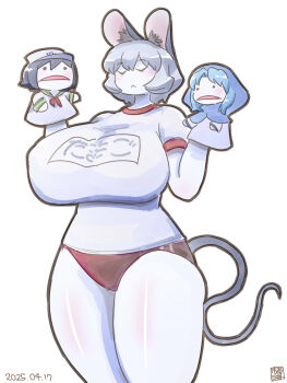 1girl :&lt; alternate_breast_size_(larger) alternate_costume animal_ear_fluff animal_ears blush breasts buruma closed_eyes closed_mouth colored_skin commentary_request cookie_(touhou) cowboy_shot dated flour_(cookie) grey_hair gym_uniform hand_puppet highres huge_breasts impossible_clothes impossible_shirt itini-sanshi kumoi_ichirin milk_(cookie) mouse_ears mouse_girl mouse_tail murasa_minamitsu name_tag nazrin nyon_(cookie) puppet red_buruma shirt short_hair simple_background solo t-shirt tail touhou white_background white_shirt white_skin