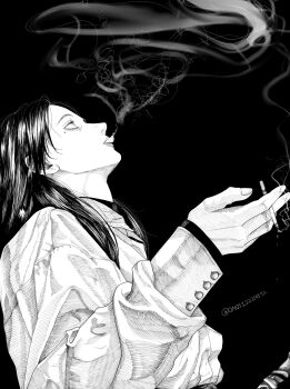 1girl artist_name black_background black_hair black_shirt blowing_smoke cigarette coat cropped_torso exhaling_smoke from_side greyscale highres holding holding_cigarette ieiri_shoko jacket jujutsu_kaisen long_hair long_sleeves looking_up mole mole_under_eye monochrome omoti22204872 open_mouth parted_lips shirt signature simple_background smoke smoking solo solo_focus twitter_username white_coat white_jacket