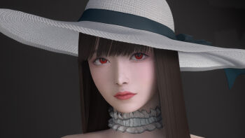 1girl 3d asian black_hair choker close-up expressionless facing_viewer frilled_choker frills grey_background hasshaku-sama hat highres japanese_urban_legends looking_at_viewer mafavam red_eyes simple_background solo straight_hair sun_hat virt-a-mate white_choker white_hat
