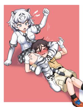 &gt;_&lt; 1boy 1girl :o adansosutega animal_ears animal_print arm_support bare_arms between_legs bike_shorts bike_shorts_under_shorts black_thighhighs blue_eyes blush boots bow breast_pocket captain_(kemono_friends) cargo_shorts choke_hold clenched_hand collared_shirt detached_sleeves elbow_gloves embarrassed extra_ears fang femdom flying_sweatdrops furrowed_brow garter_straps gloves grey_hair hand_up hetero highres kemono_friends kemono_friends_3 lying medium_hair miniskirt multicolored_hair nose_blush on_back open_mouth plaid_bow plaid_clothes plaid_skirt plaid_sleeves pocket print_thighhighs scissorhold shirt short_hair short_sleeves shorts shorts_under_shorts sidelocks sitting skirt strangling streaked_hair struggling sweat tail thighhighs tiger_print trembling triangle_choke two-tone_hair white_gloves white_hair white_shirt white_tiger_(kemono_friends) white_tiger_print wrestling zettai_ryouiki