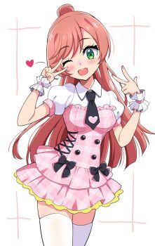 1girl bow brown_hair commentary_request cowboy_shot double_v dress green_eyes hair_bow highres hirogaru_sky!_precure idol idol_clothes kaatsu_katsurou long_hair looking_at_viewer nijigaoka_mashiro one_eye_closed pink_dress precure shirt short_sleeves smile solo tank_top v white_shirt white_tank_top