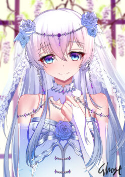 1girl absurdres blue_eyes breasts bridal_gauntlets bridal_veil bride celia_claire cleavage commentary_request detached_collar detached_sleeves dress gem grey_hair hair_between_eyes highres long_hair long_sidelocks off-shoulder_dress off_shoulder pearl_(gemstone) seirei_gensouki sidelocks small_breasts smile veil very_long_hair very_long_sidelocks wedding_dress yiyu-day