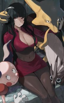 1girl alakazam bent_spoon black_hair blunt_bangs bodysuit breasts cleavage commentary covered_navel cropped_jacket gen_1_pokemon gloves hand_up highres j@ck jacket long_hair long_sleeves looking_at_viewer mr._mime nintendo pokemon pokemon_(creature) pokemon_frlg red_eyes red_jacket red_skirt sabrina_(pokemon) sidelocks sitting skirt spoon turtleneck turtleneck_jacket venomoth white_gloves