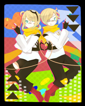 1boy 1girl \m/ bandaid bandaid_on_face bandaid_on_nose black_gloves black_pants blonde_hair closed_mouth commentary_request cowl eyepatch facial_mark gloves grey_eyes hair_ornament hairclip hand_up heart heart_facial_mark heart_hands highres kagamine_len kagamine_rin key271 long_sleeves multiple_girls pants ponytail red_shoes rin_len_uchuu_touzokudan scarf shirt shoes short_hair short_ponytail tongue tongue_out vocaloid white_shirt yellow_scarf