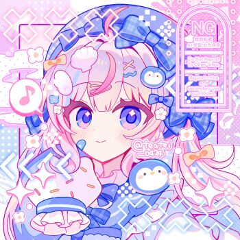 1girl ahoge blue_bow blue_hair blue_hat blue_shirt blush bow closed_mouth commentary commission dot_nose frilled_sleeves frills hair_between_eyes hair_intakes hand_up hat highres indie_virtual_youtuber long_hair long_sleeves looking_at_viewer multicolored_hair musical_note pink_background pink_hair plaid_bow portrait purple_eyes sango_(35sangosan)_(vtuber) shirocha_tei shirt skeb_commission sleeves_past_fingers sleeves_past_wrists smile solo sparkle spoken_musical_note streaked_hair twitter_username virtual_youtuber watermark