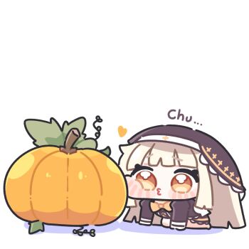 1girl all_fours black_dress black_veil blonde_hair blunt_bangs blush_stickers bow bowtie chibi chibi_only commentary_request dress full_body heart highres juliet_sleeves long_hair long_sleeves nun o3o puffy_sleeves pumpkin simple_background solo speaki_(trickcal) syurikenmaru trickcal veil white_background yellow_bow yellow_bowtie yellow_eyes