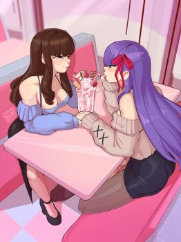 2futa bare_shoulders bb_(fate) bb_(fate/extra) blush bow breasts brown_eyes brown_hair cleavage drinking drinking_straw fate/extra fate/extra_ccc fate_(series) food futanari hair_bow highres holding_hands ice_cream kishinami_hakuno_(female) long_hair medium_breasts multiple_futa nudiedoodles pantyhose penis penis_peek purple_hair restaurant shared_drink skirt smile sundae sweat table