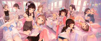 6+girls :d absurdres ahoge bed black_shirt black_skirt blonde_hair blue_eyes blush bow brown_hair child closed_mouth cushion day green_eyes grey_skirt hair_bow hairband head_rest henreader high-waist_skirt highres hood hoodie indoors kneeling knees_together_feet_apart loli looking_at_viewer lying multiple_girls on_back on_bed open_clothes open_hoodie open_mouth original panorama pink_thighhighs purple_eyes purple_skirt red_hair shirt short_hair sitting skirt smile socks spread_legs striped_clothes striped_skirt stuffed_animal stuffed_toy thighhighs twintails white_hair zettai_ryouiki
