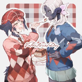 2girls argyle_clothes au_ra beret black_horns black_scales black_skin black_tail blazer cake cirina_mol colored_skin commentary_request dragon_girl dragon_horns dragon_tail feeding final_fantasy final_fantasy_xiv food hat highres holding holding_plate horns jacket mugi_kosuta multiple_girls official_alternate_costume open_mouth pink_hair plate sadu_dotharl scales tail white_hair
