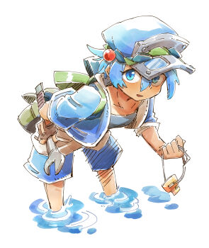 1girl beads black_shirt blue_eyes blue_hair blue_hat blue_jacket blue_shorts collarbone commentary_request goggles goggles_on_head green_bag hair_beads hair_ornament hat highres holding holding_key holding_wrench jacket kawashiro_nitori key leaning_forward light_smile looking_at_viewer open_mouth shirt short_hair short_sleeves shorts solo touhou wading water white_background wrench ziro_(daydozen)