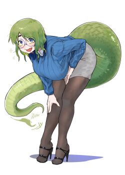 1girl black_pantyhose blue_eyes blue_sweater breasts collared_shirt forked_tongue full_body green_hair grey_skirt high_heels highres large_breasts maikamiaka original pantyhose pencil_skirt shirt simple_background skirt snake_girl snake_tail solo sweater tail tongue white_background white_shirt