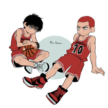 2boys a_nzi_end arm_support ball basketball_(object) black_hair closed_mouth commentary_request highres looking_at_another male_focus multiple_boys red_hair rukawa_kaede sakuragi_hanamichi shoes short_hair shorts signature simple_background slam_dunk_(series) sneakers toned toned_male white_background