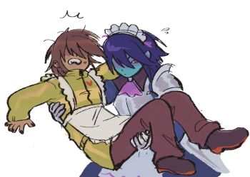 2others apron ascot blue_hair blue_skin brown_hair brown_pants carrying colored_skin deltarune dual_persona green_jacket jacket kris_(dark_world)_(deltarune) kris_(deltarune) maid_apron maid_headdress multiple_others nelsie_(endulzado) other_focus pants princess_carry purple_ascot shoes utdr_(toby_fox) white_apron zipper_pull_tab