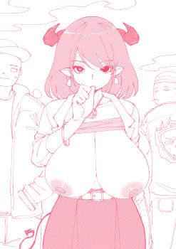 1girl absurdres armlet backward-facing_horns belt bob_cut breasts clothes_lift collarbone demon_girl demon_tail earrings eyelashes facing_viewer highres horns huge_breasts inverted_eyelashes jacket jewelry large_areolae lips looking_at_another looking_at_viewer looking_back medium_hair monochrome multiple_boys necklace nipples no_pupils norman_maggot open_clothes open_jacket original outdoors pleated_skirt pointy_ears red_theme sagging_breasts shirt_lift skirt smoke smoking solo_focus star_(symbol) star_necklace symbol_in_eye tail three-quarter_sleeves thumb_sucking white_belt