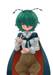 Rule 34 | 1girl, antennae, black cape, brown shorts, cape, closed mouth, commentary request, fangs, hair over eyes, highres, juliet sleeves, kaninocrab, long sleeves, looking at viewer, puffy sleeves, short hair, shorts, simple background, skin fangs, solo, touhou, v, white background, wriggle nightbug