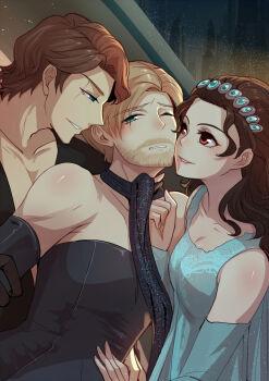 1girl 2boys anakin_skywalker blue_eyes brown_hair crossdressing dress green_eyes highres multiple_boys obi-wan_kenobi padme_amidala star_wars tagme