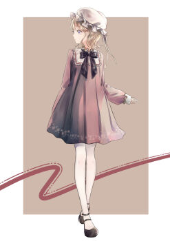 1girl alternate_costume black_shoes blonde_hair blue_eyes bow dress frills hat highres long_sleeves looking_to_the_side maribel_hearn mary_janes mob_cap poteimo_(poteimo622) purple_bow purple_dress ribbon shoes short_dress short_hair socks solo standing string string_of_fate touhou two-tone_background white_hat white_ribbon white_socks