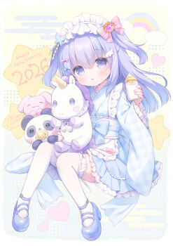 1girl 2026 apron baby_bottle blue_bow blue_kimono blue_shoes bottle bow butterfly_hair_ornament commentary_request frilled_kimono frilled_sleeves frilled_thighhighs frills full_body hair_bow hair_ornament happy_new_year highres holding holding_bottle holding_stuffed_toy japanese_clothes kimono long_hair long_sleeves looking_at_viewer maid maid_headdress new_year obi open_mouth original pacifier pink_bow purple_eyes purple_hair sash shoes solo stuffed_animal stuffed_panda stuffed_rabbit stuffed_toy stuffed_unicorn thighhighs two_side_up usashiro_mani wa_maid white_apron white_thighhighs wide_sleeves wing_hair_ornament