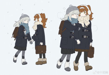 Rule 34 | 2girls, bag, black coat, black pants, black socks, blue scarf, blush, boots, brown bag, brown eyes, bumian mei, chinese commentary, closed eyes, coat, commentary request, earmuffs, full body, gloves, grey gloves, grey hat, hat, headband, highres, holding, holding bag, holding hands, leg warmers, locked arms, long hair, long skirt, looking at another, multiple girls, multiple views, orange hair, pants, pants under skirt, plaid clothes, plaid scarf, reverse:1999, scarf, school bag, sidelocks, skirt, snow, socks, sonetto (reverse:1999), swept bangs, two side up, vertin (reverse:1999), watermark, weibo watermark, white background, white eyes, white hair, white headband, yuri