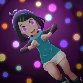 1girl alternate_eye_color artist_request black_hair blue_hair blush child corruption cowlick dutch_angle eyelashes hair_bun hair_ornament hairclip happy highres hood hoodie liko_(pokemon) long_hair looking_at_viewer mind_control mochi_mochi_dance multicolored_hair nintendo open_mouth pokemon pokemon_(anime) pokemon_horizons purple_eyes simple_background smile