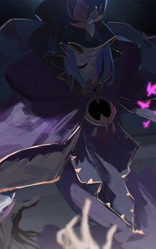 Rule 34 | 1girl, black choker, blue hair, brooch, bug, butterfly, choker, cloak, covered eyes, fate/grand order, fate/stay night, fate (series), glowing butterfly, highres, hood, hood up, hooded cloak, insect, jewelry, long hair, medea (caster) (fate), medea (fate), pink butterfly, purple lips, purple robe, robe, smile, solo, ubwmitekure