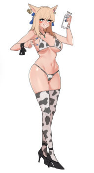 1girl absurdres animal_ear_piercing animal_print armpits bikini bottle breasts brown_hair commentary_request commission cow_print cow_print_bikini cow_print_thighhighs dogs_(dlrkdejr26) ear_tag eyebrows_hidden_by_hair facial_mark final_fantasy final_fantasy_xiv from_side full_body green_eyes highres holding holding_bottle korean_commentary large_breasts large_variant_set medium_hair milk_bottle miqo'te nail_polish navel print_bikini print_thighhighs simple_background solo stomach swimsuit thighhighs v variant_set warrior_of_light_(ff14) white_background