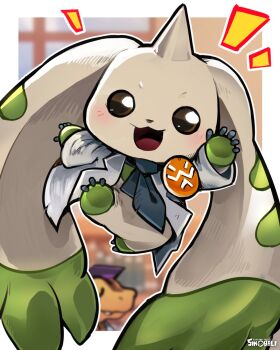 agumon agumon_hakase blurry blurry_background blush border coat digimon digimon_(creature) full_body highres horns indoors lab_coat midair open_mouth single_horn sinobali solo_focus terriermon_assistant terriermon_joshu white_border white_coat