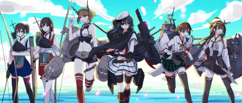 Rule 34 | 6+girls, ahoge, akagi (kancolle), arrow (projectile), black gloves, black thighhighs, blue sky, boots, bow (weapon), brown gloves, brown hair, closed mouth, cloud, day, detached sleeves, gloves, hat, headgear, hiei (kancolle), holding, holding bow (weapon), holding weapon, japanese clothes, kaga (kancolle), kantai collection, kiso (kancolle), kiso kai ni (kancolle), kongou (kancolle), long hair, mikami (millefoglie), multiple girls, muneate, mutsu (kancolle), neckerchief, ocean, open mouth, outdoors, petals, plaid clothes, plaid skirt, pleated skirt, quiver, red neckerchief, ribbon-trimmed sleeves, ribbon trim, rigging, short hair, short sleeves, side ponytail, single glove, skirt, sky, thighhighs, water, weapon, white gloves, white hat, white thighhighs