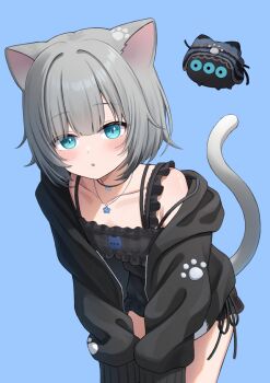 Rule 34 | 1girl, animal ears, black dress, black hoodie, blue background, blue eyes, cat ears, cat girl, cat tail, collarbone, commentary request, cowboy shot, dress, grey hair, hal (haldayo913), hennyano (nachoneko), hood, hood down, hoodie, indie virtual youtuber, jewelry, leaning forward, light blush, long sleeves, looking at viewer, nachoneko, necklace, open clothes, open hoodie, parted lips, short dress, short hair, simple background, sleeves past fingers, sleeves past wrists, solo, star (symbol), star necklace, tail, v arms, virtual youtuber