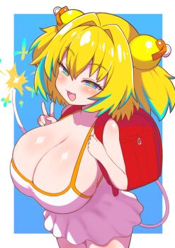 1girl :3 backpack bag blonde_hair blue_background blue_eyes blue_hair blush bombergirl border breasts cleavage collarbone cowboy_shot dot_nose dress explosive eyebrows eyelashes fang female_focus flower-shaped_pupils from_above from_side grenade half-closed_eyes hands_up highres huge_breasts loli looking_at_viewer looking_to_the_side looking_up medium_hair multicolored_hair naughty_face open_mouth oppai_loli pine_(bombergirl) randoseru red_bag short_twintails siglk simple_background smile smug solo standing streaked_hair symbol-shaped_pupils tail twintails two-tone_hair v white_dress