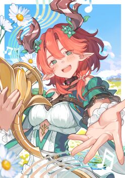 1girl absurdres bard bare_shoulders blurry blurry_foreground blush brown_horns ciaccona_(wuthering_waves) clothing_cutout cloud commentary cutout_above_navel cyxndmr dress earclip flower green_eyes head_tilt highres holding holding_instrument horns instrument looking_at_viewer medium_hair mole mole_under_eye multicolored_dress musical_note musical_staff open_mouth outdoors outstretched_hand pointy_ears red_hair sky solo tacet_mark_(wuthering_waves) tree_horns white_background white_wrist_cuffs wrist_cuffs wuthering_waves yellow_pupils