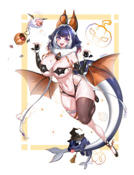 1girl absurdres ahoge alternate_costume animal_ears bat_bikini bat_costume bat_ears bat_wings between_breasts bikini black_bikini black_gloves black_shoes black_thighhighs blue_hair blunt_bangs blush body_markings breasts candy candy_wrapper commentary creature curvy elbow_gloves english_commentary facial_mark fake_animal_ears fake_wings fangs fingerless_gloves fins fish_tail food full_body fur_scarf gloves halloween halloween_bucket halloween_costume heart heart-shaped_pupils heart_ahoge high_heels highres huge_breasts indie_virtual_youtuber inset_border long_hair looking_at_viewer multi-strapped_bikini_bottom multicolored_hair navel open_mouth orca_girl pellpt purple_eyes scarf shoes shylily single_thighhigh smile solo streaked_hair swimsuit symbol-shaped_pupils tail thick_thighs thighhighs thighs tongue tongue_out virtual_youtuber white_background white_scarf white_streaks wings wrapped_candy