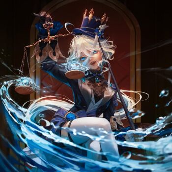 1girl ascot blue_ascot blue_eyes blue_hair blue_hat blue_jacket brooch drop-shaped_pupils furina_(genshin_impact) genshin_impact hat holding_scale hydro_symbol_(genshin_impact) hydrokinesis jacket jewelry laura_crqll long_hair looking_at_viewer mismatched_pupils multicolored_hair open_mouth streaked_hair symbol-shaped_pupils thighhighs top_hat two-tone_hair very_long_hair water white_hair white_thighhighs