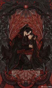 Rule 34 | 1boy, 1girl, black bandages, black hair, black hanfu, black pants, chinese clothes, closed eyes, closed mouth, flanzi lan, hands on another's face, hanfu, hetero, highres, hug, jia qiu (project moon), kneeling, limbus company, long hair, long sleeves, multicolored hair, pants, parted lips, project moon, red rope, red sash, red streaks, rope, sash, streaked hair, very long hair, wrist wrap, zigong (project moon)