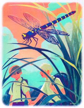 2boys backpack bag black_pants bug cloud dragonfly grass highres hikaru_ga_shinda_natsu holding_another's_arm indou_hikaru insect mole mole_on_cheek mole_under_mouth multiple_boys orange_sky pants poxeii school_uniform shirt sky tsujinaka_yoshiki white_shirt