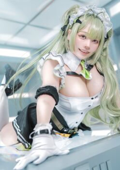 1girl absurdres antenna_hair apron arm_cuffs ascot belt black_bow black_gloves black_skirt bow breasts cleavage cosplay_photo detached_collar female_focus gloves goddess_of_victory:_nikke green_ascot green_hair grin heart_antenna_hair highres large_breasts long_hair maid_headdress photo_(medium) real_life sidelocks skirt smile soda_(nikke) soda_(nikke)_(cosplay) solo sumire9144 teeth thighhighs two-tone_gloves white_apron white_gloves yellow_belt