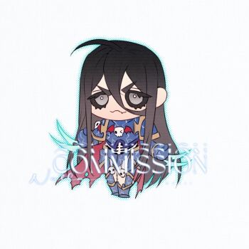 1boy armor ben-day_dots black_hair black_sclera blue_armor bright_pupils chibi chibi_only closed_mouth colored_sclera commission english_text grey_eyes hashtag-only_commentary konrad_curze lightning_print long_hair magicalduck21 male_focus night_lords power_armor primarch purple_armor screentones simple_background standing the_nightmare_mantle warhammer_40k watermark white_background white_pupils