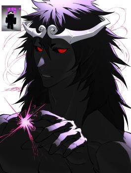 1boy black_hair black_skin colored_skin energy headband highres male_focus messy_hair omegaa_7 original parted_lips pink_light red_eyes reference_inset roblox solo sparks upper_body white_background