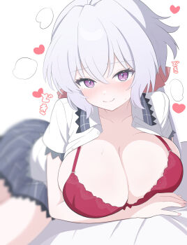 1girl absurdres arm_under_breasts blue_skirt blurry blurry_background blush bra breasts checkered_clothes checkered_skirt cleavage closed_mouth full-face_blush gmkz_kawaii hair_between_eyes hair_ornament hair_scrunchie heart highres jacket large_breasts lips long_hair looking_at_viewer lying on_bed on_side purple_eyes red_bra school_uniform scrunchie senki_zesshou_symphogear simple_background skirt smile solo sweat twintails underwear wavy_mouth white_background white_hair white_jacket yukine_chris