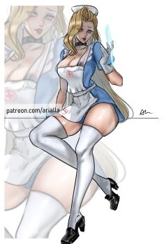 1girl absurdres arialla_draws blonde_hair blue_eyes breasts crescent crescent_facial_mark dagger_(marvel) earrings facial_mark highres jewelry large_breasts long_hair looking_at_viewer marvel marvel_rivals nurse smile solo