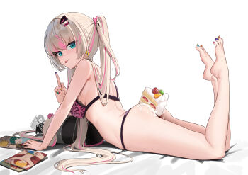 1girl absurdres ass barefoot between_buttocks blonde_hair bra breasts cake cream feet food green_eyes hair_ornament hairclip highres long_hair looking_at_viewer looking_to_the_side lying medium_breasts middle_finger on_stomach panties phase_connect pink_bra rinkou_ashelia skai_kun thighs thong tongue tongue_out underwear virtual_youtuber