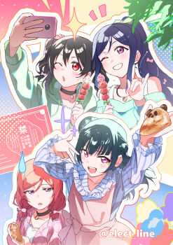 Rule 34 | 4girls, absurdres, apron, bare shoulders, black choker, black hair, blue hair, blue shirt, blush, bow, cellphone, choker, colorful background, commentary request, food, green hoodie, green shirt, hair bow, high ponytail, highres, holding, holding food, holding phone, hood, hood down, hoodie, inazuma (elect line), jacket, long hair, long sleeves, looking at another, love live!, love live! school idol project, love live! sunshine!!, matsuura kanan, medium hair, multiple girls, nishikino maki, one eye closed, open mouth, outline, phone, pink apron, pink eyes, pink jacket, ponytail, purple eyes, red eyes, red hair, selfie, shirt, short twintails, simple background, smartphone, smile, sparkle, teeth, tsushima yoshiko, twintails, watermark, white outline, white shirt, yazawa nico
